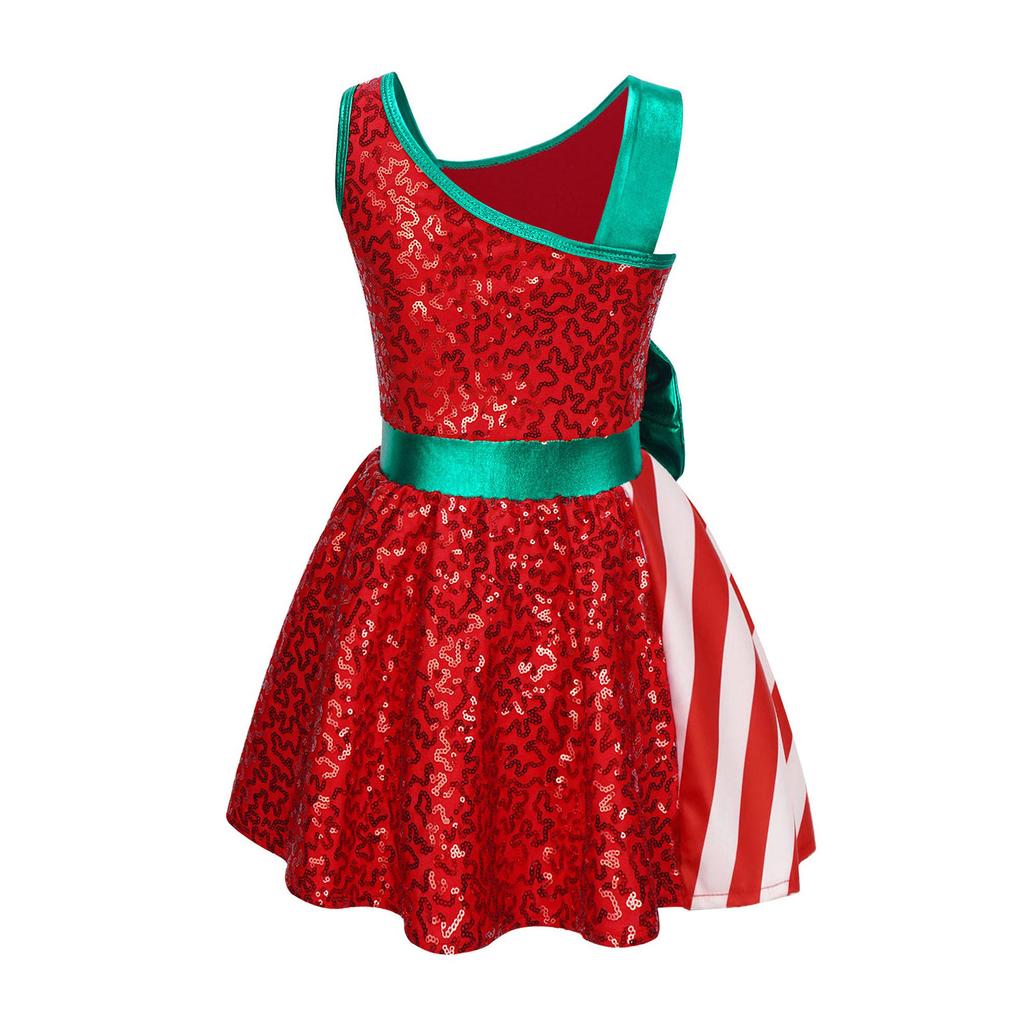 Kids Girls Sequins Christmas Dress Xmas New Year Dress Big Bow Stripe Stage Performance Santa Clause Party Dancewear