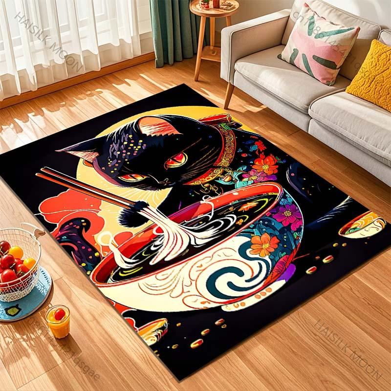 1PC Black Cat Eating Noodles Pattern Rug Carpets for Bedroom Living Room Sofa Mat Creative Door Mat Cloakroom Home Decor
