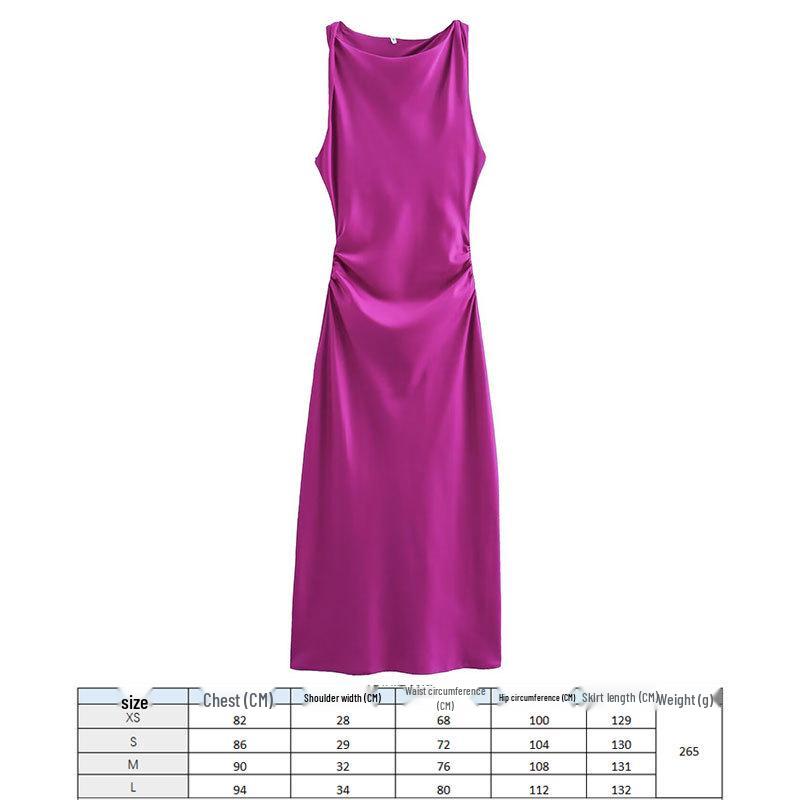 2024 European and American Fashion Black Silk Satin Midi Dress - Round Neck Sleeveless Design