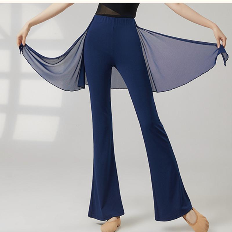 Pantalon de Danse Moderne Femme Long Micro-Évasé Pantalon Latin Jupe Wrap en Maille Costume de Pratique Classique Vêtement de Danse en Ligne de Scène Féminin