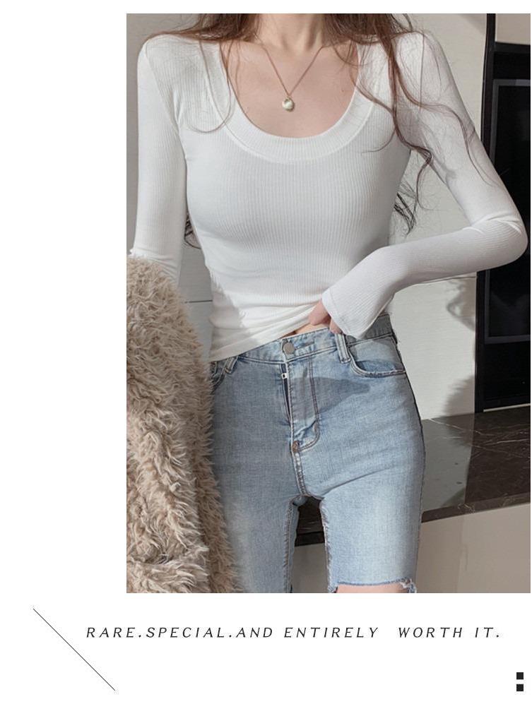Women's Slim Fit Ribbed U-Neck Long-Sleeve Tee - New Autumn/Winter Korean Style