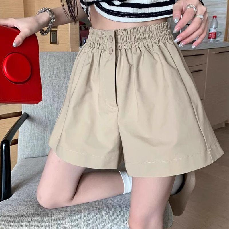 Women's Summer Washed Cotton Wide-Leg High Waist Shorts, Korean Style, Slimming, Solid Color, Versatile, Casual.