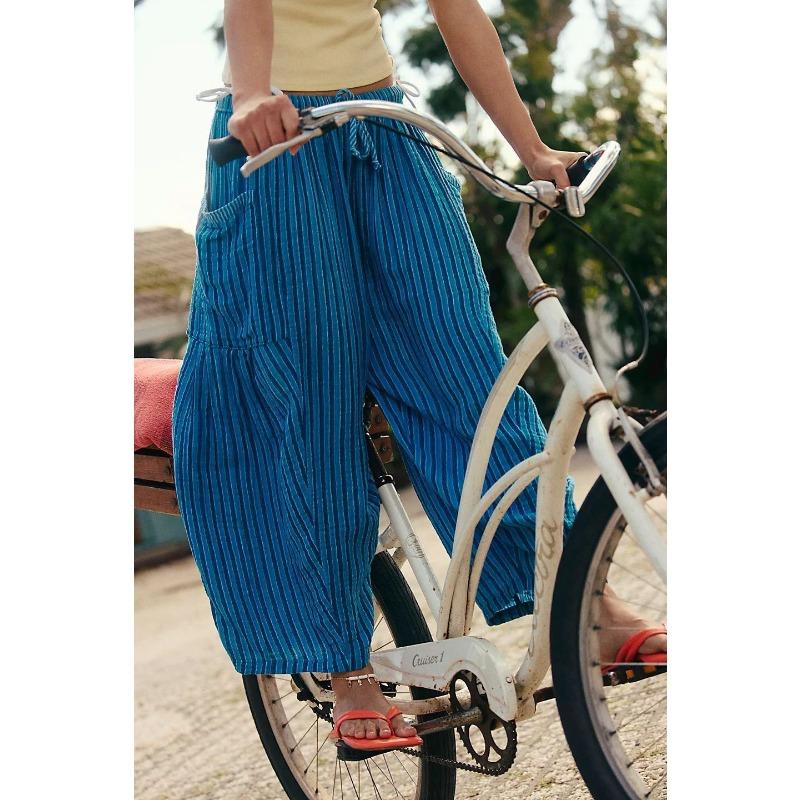 Gestreifte Straight-Leg-Hose für Frühling und Herbst, Neun-Zoll-Plisseehose mit Stretchbund, Atmungsaktive Freizeithose für Damen