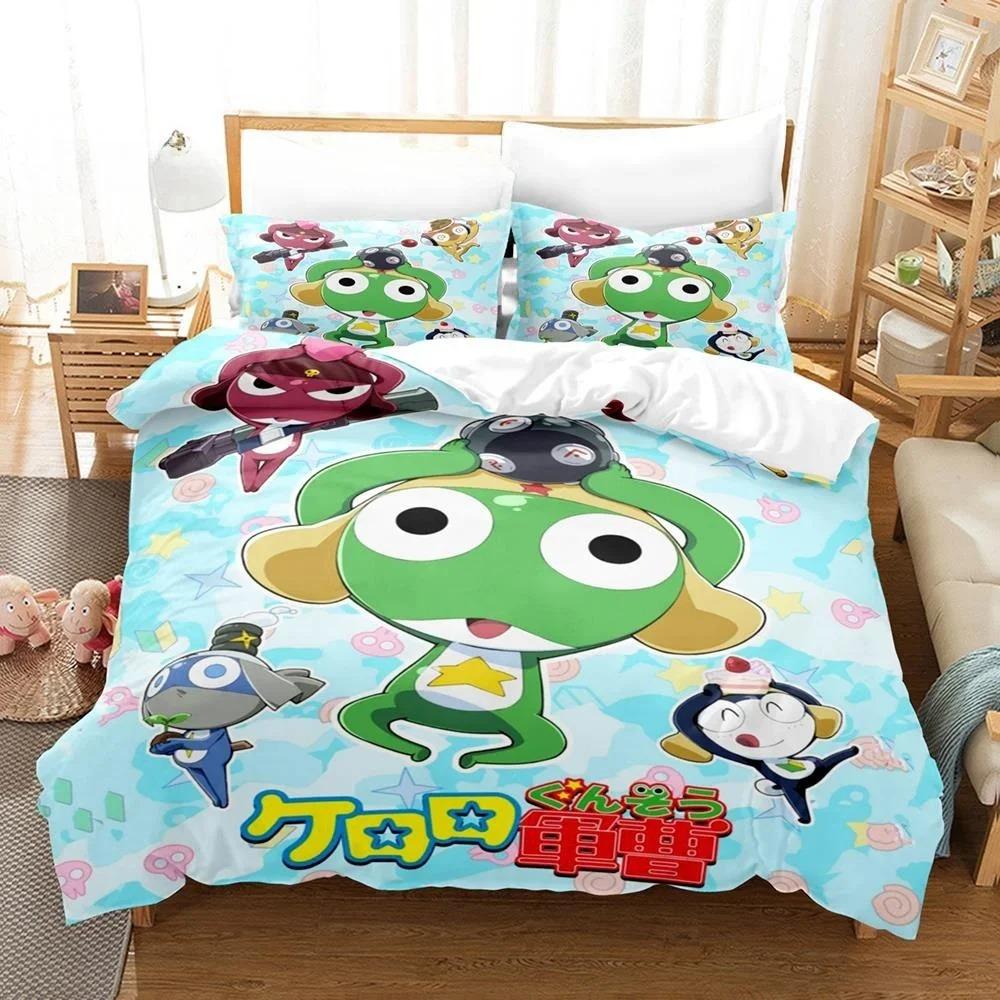 3D Kawaii Cartoons Bed Sheet Keroro Frog Bedding Set Single Twin Full Queen King Size Bed Set Adult Kid Bedroom Duvet Cover Sets