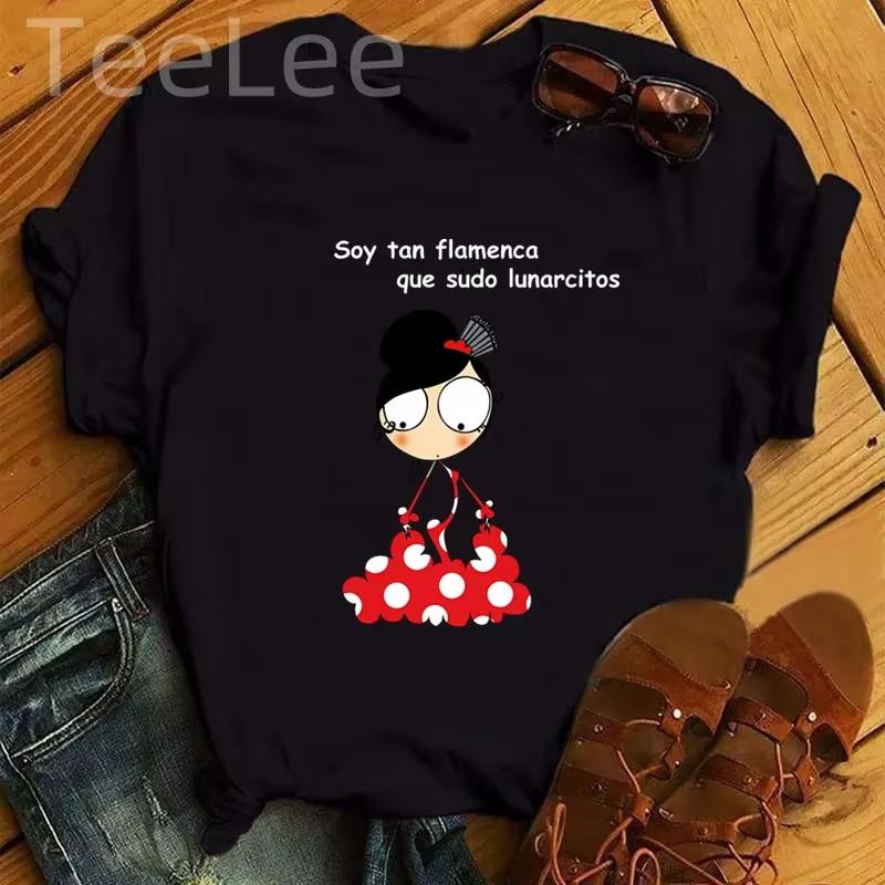 Women T Shirt Flamengo Dance Cartoon Girl Printed Shirts Fashion O-neck Femme Tshirts Cute Tops Tees Women Aesthetic Clothes
