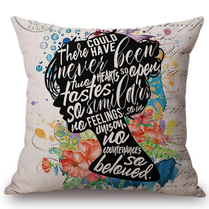18" Square Floral Jane Austen Quotation Letter Print Sofa Throw Pillow Cover Case Cotton Linen Nordic Masterpiece Cushion Cover