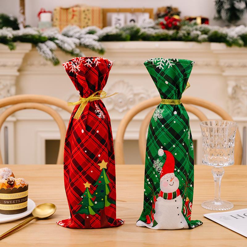 Festive Red Green Checkered Snowman Wine Bottle Cover Perfect For Decor Christmas