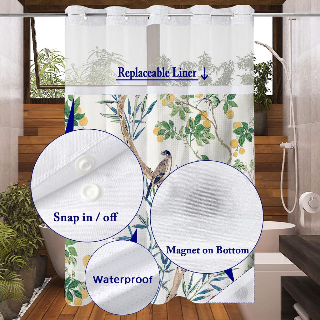 No Hook  Floral Pattern Shower Curtain With Snap-in Fabric Liner, Sheer Top Window, Waterproof Double Layer Bathtub Curtain