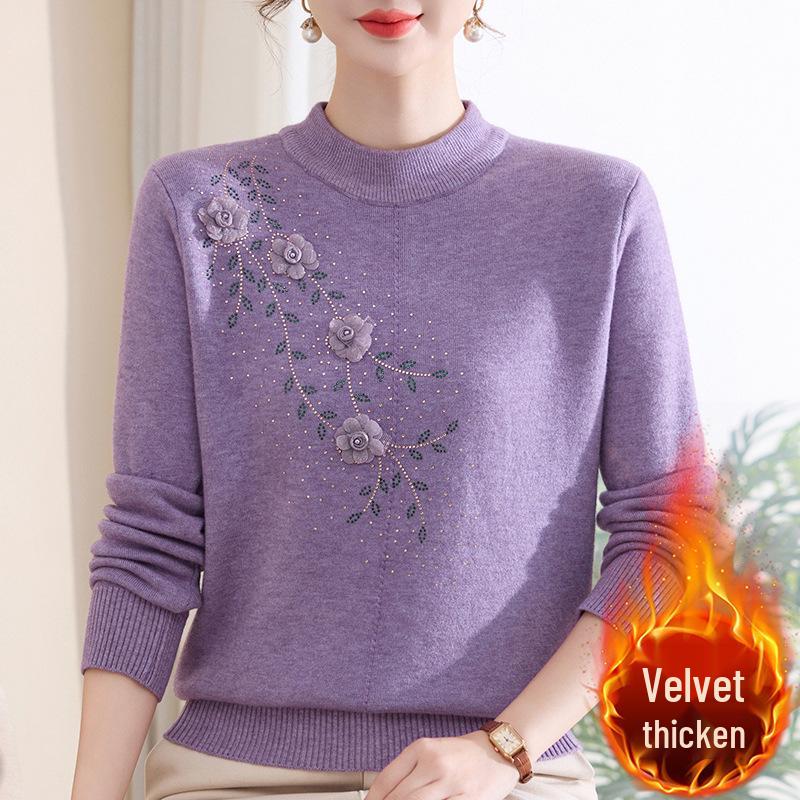 Women's Mid-Aged & Elderly Knitted Half-high Collar Fleece Sweater - Stylish, Thermal, Thickened Winter Wear.