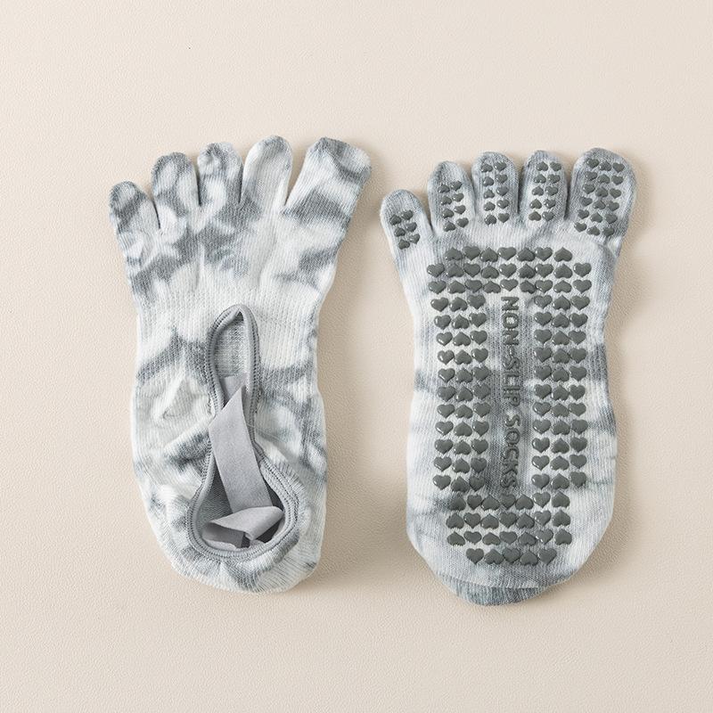 Five Toes Yoga Socks Women Backless Breathable Bandage Tie-dye Pilates Socks Silicone Non-slip Indoor Workout Dance Sports Socks