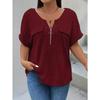 Women's 1X-5XL Plus Size New Solid Color Large Women's Top Zipper Short Sleeve Fake Pocket Pullover T-shirt Loose