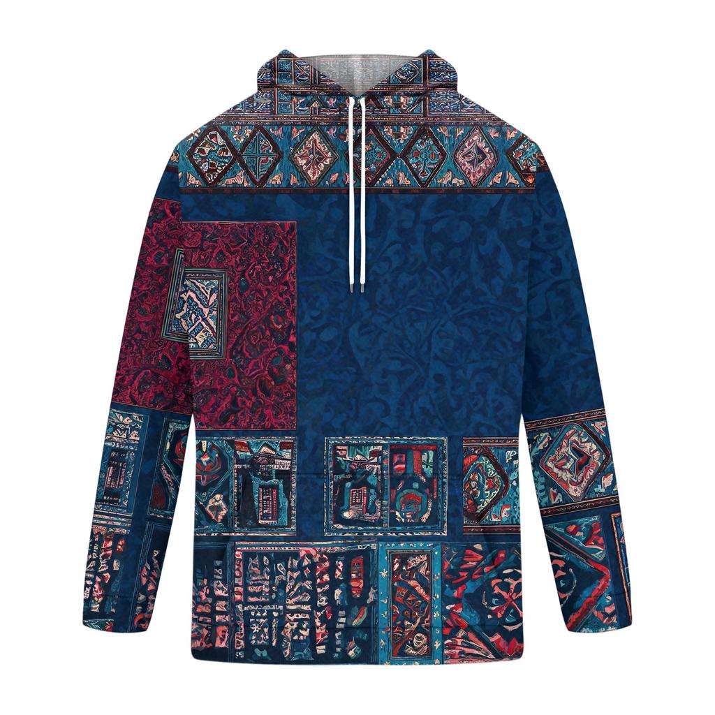 Men's Vintage Hoodie with Print and Patchwork Design, Single Pocket Casual Top