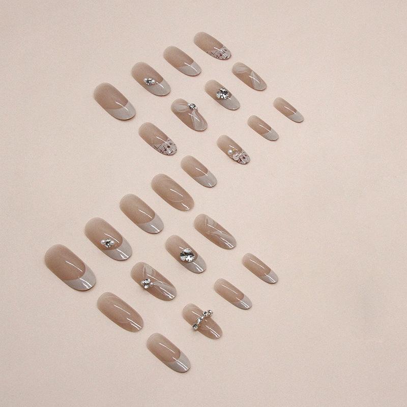 24 Pcs Oval Sweet Girl Small Fragrant Wind Diamond Nail Art Plaid Pile Diamond False Nail Finished Wear Nail