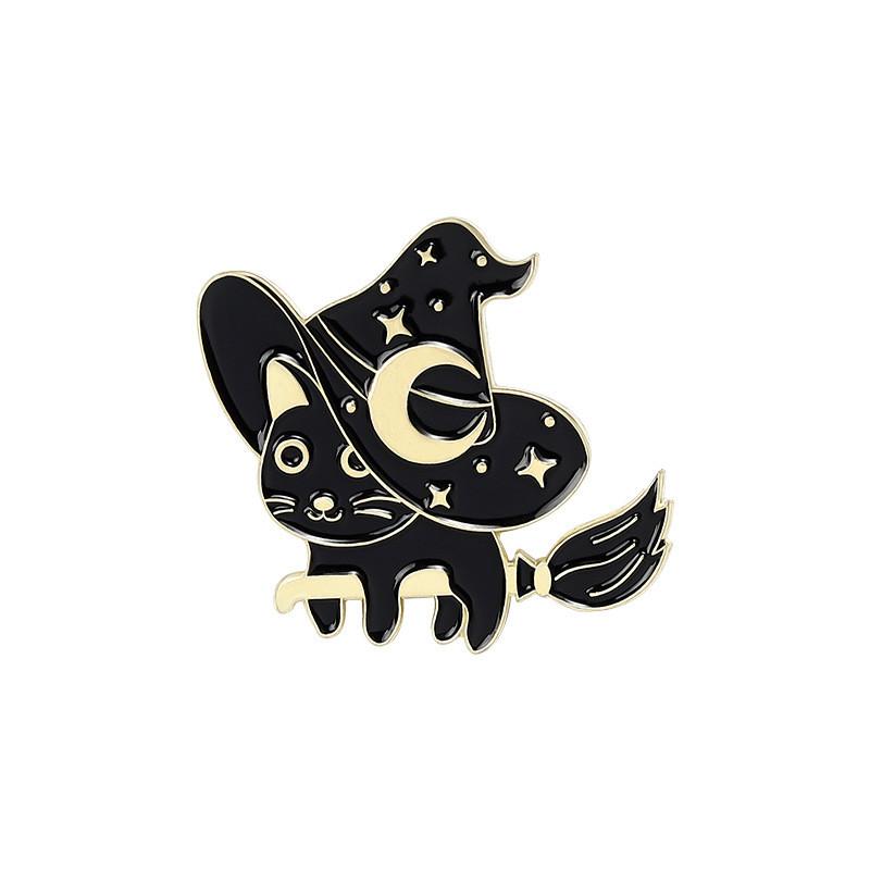 Black Cat Adorable Witch Hat Brooch Elegant Alloy Design For Spooky Looks Halloween