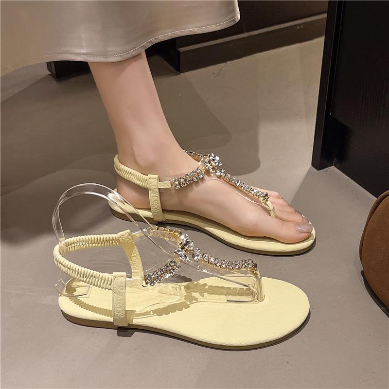 Fashion Fashion Women Sandals Summer Pinch Toe Casual Flat Sandals Luxury Rhinestone Fairy Style Sandals for Women Roman Beach Sandalias