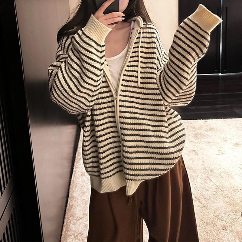 Unisex Retro Hooded Striped Color Block Knit Cardigan for Autumn/Winter Women's Top