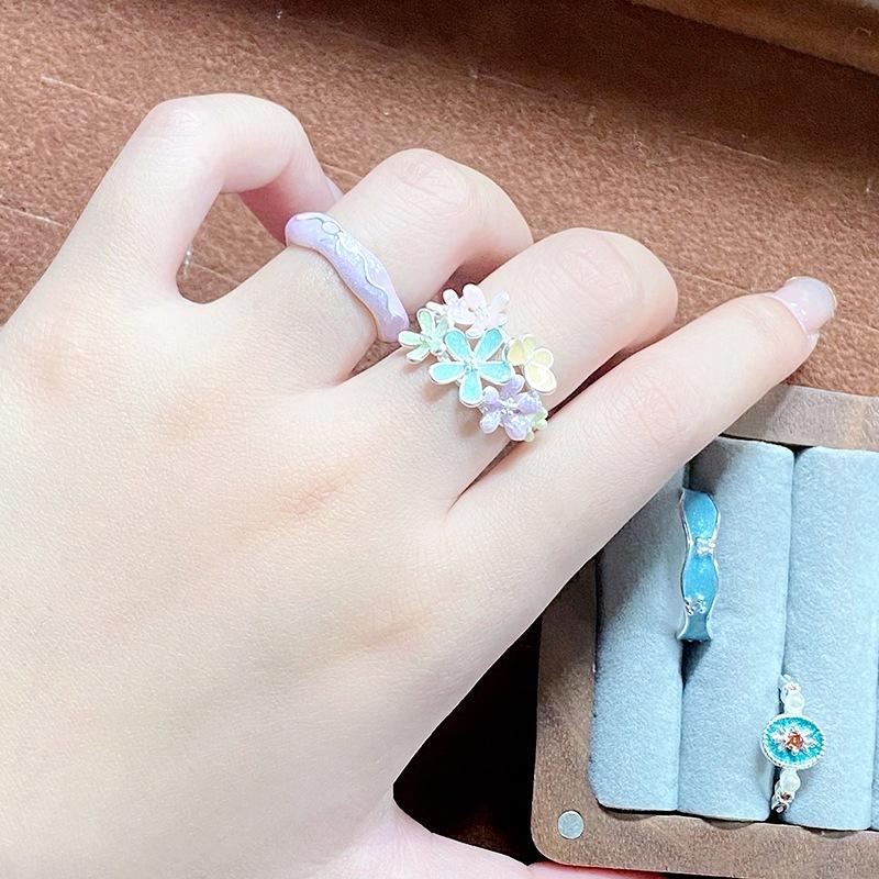 Dopamine Enamel Diamond Flower Opening Ring Sweet Light Luxury High Sense Exquisite French Niche Personality Ring
