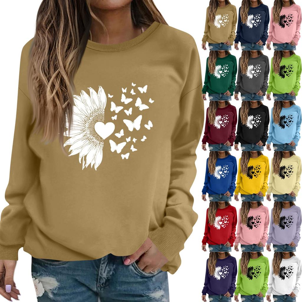 Damenmode Lässig Langarm Einfarbig Bedruckt Rundhals Oberteil Sweatshirt