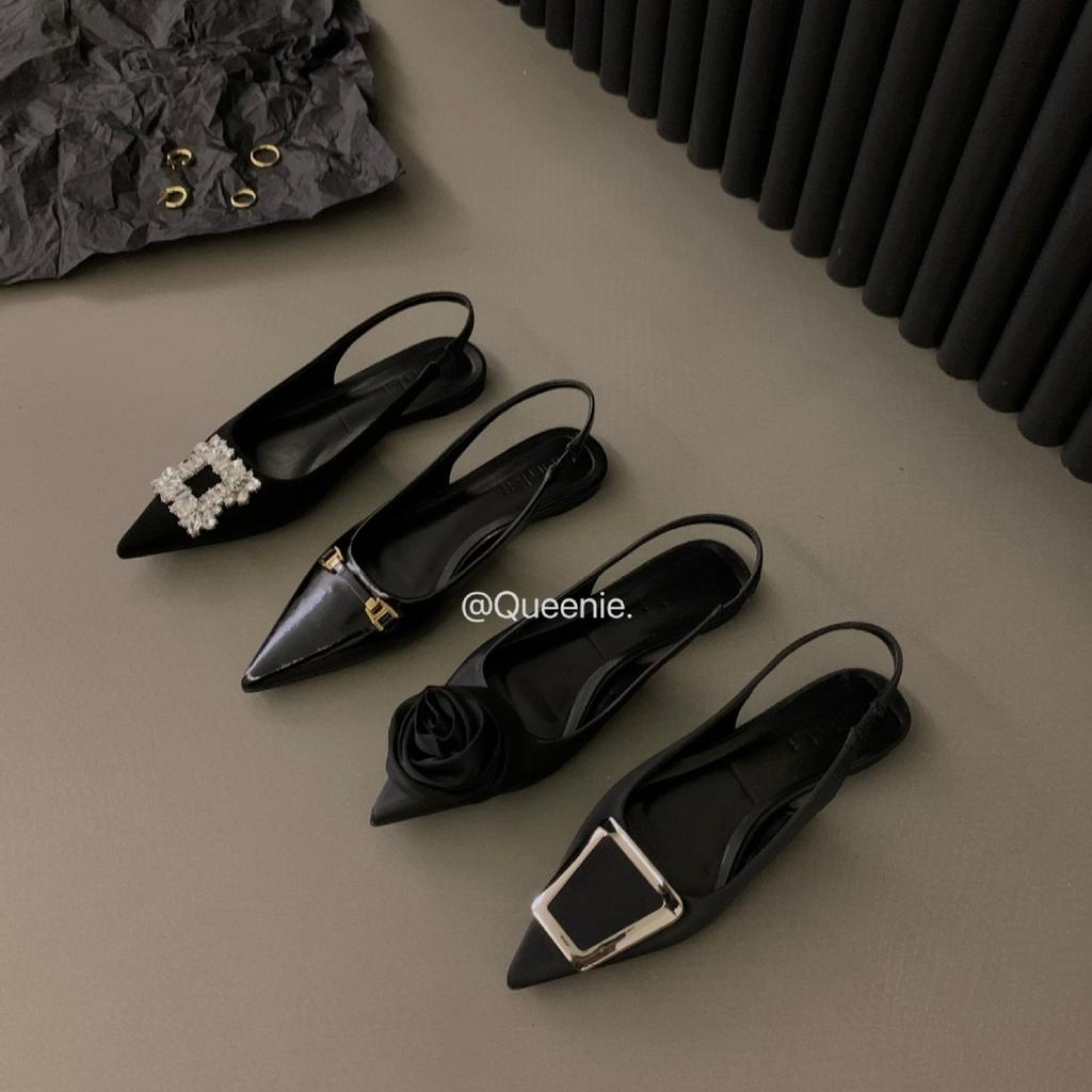 French flat-bottomed black back strap bag head sandals women's 2025 new spring and summer pointed rhinestone temperament single shoes