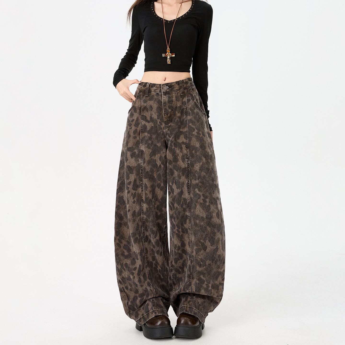 2026 Spring Retro Leopard Print High Waist Loose-Fit Women s Jeans 2XL