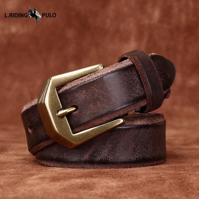 Thickened Genuine Leather Top Layer Cowhide Belt Men's Copper Buckle Rough Edge Fur Bottom Retro Washed Belt