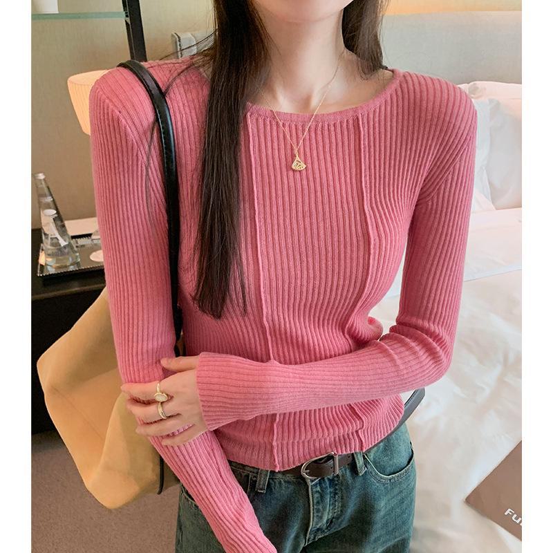 Женский однотонный шерстяной свитер - весна 2024 г., облегающий топ с круглым вырезом и длинными рукавами L розовый