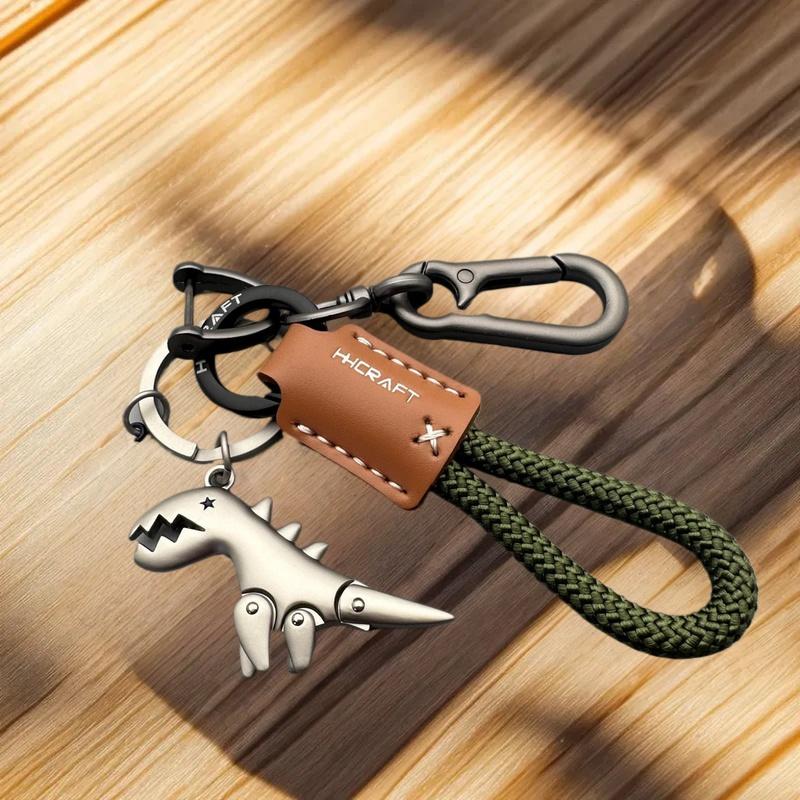 Car Keychain with Little Dino Accent, Single Braided Leather Rope, Metal Key Holder, Motorcycle & Bag Add-Ons