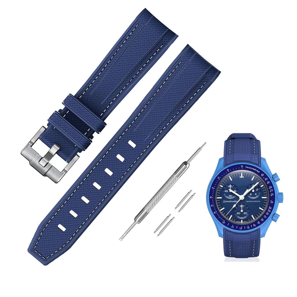 Jumpsunfun 20mm Watch Band for Omega and Silicone Strap with Quick Release Replacement Dark Blue with White Stitching X, Swatch, Speedmaster,