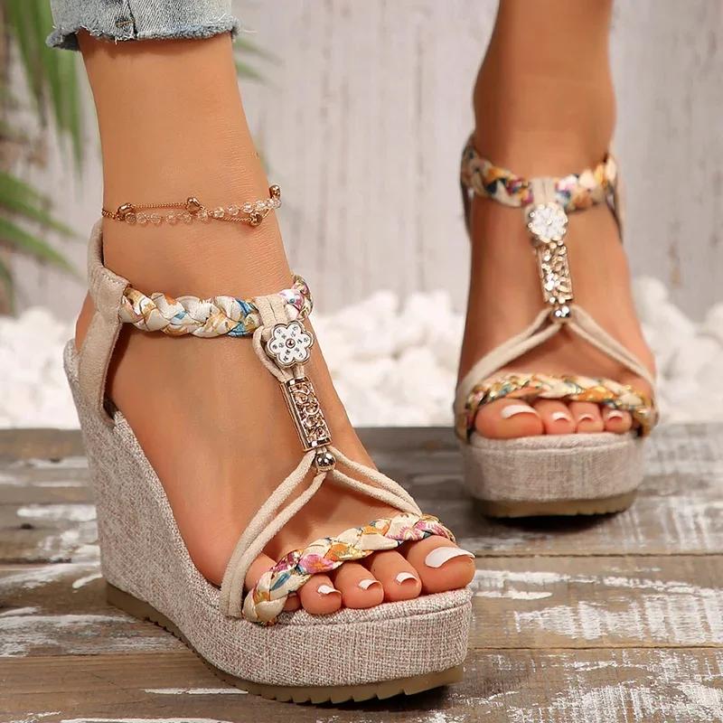 Fashion Plus Size Fashion Wedge Heel Sandals for Women Summer Bohemian Non Slip Beach Shoes Woman Braided Strap Chunky Platform Sandals