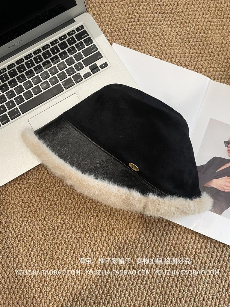 Autumn and winter suede plush warm face small bucket hat woman