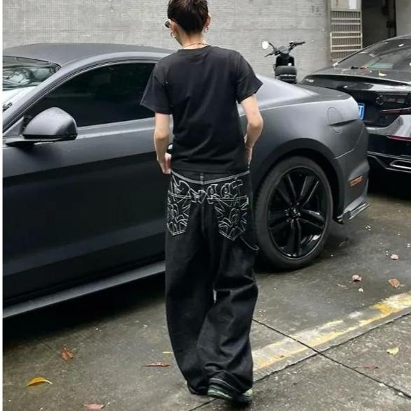 GLYDE Vintage Embroidery Black Jeans Oversized Streetwear Grunge Y2k Baggy Denim Trousers Boyfriend Jeans Hip Hop Gothic
