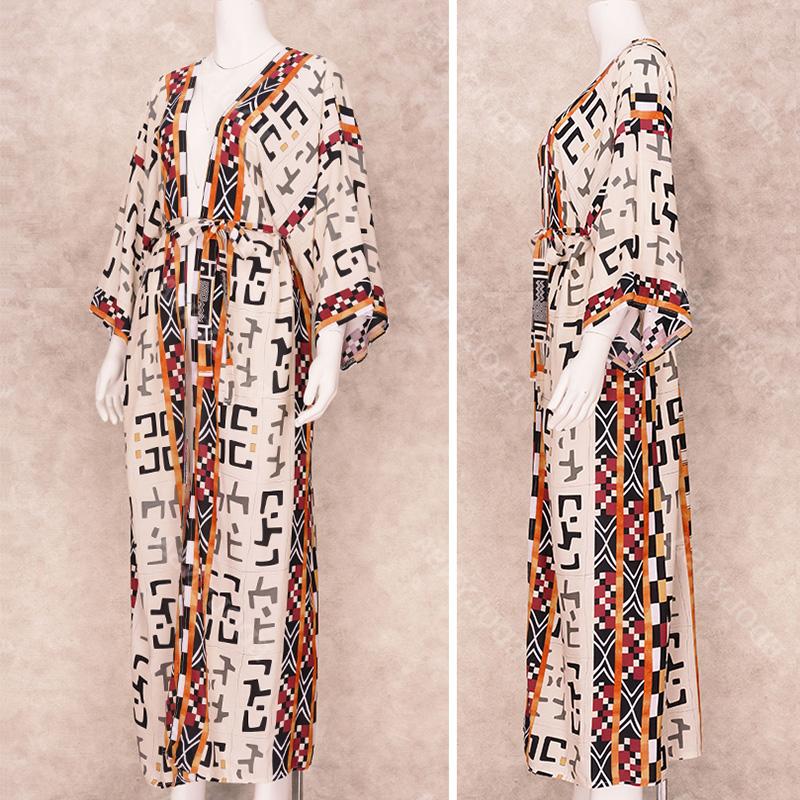 EDOLYNSA 2023 Boho Printed Bikini Cover-ups Elegant Self Belted Kimono Dress Tunic Women Plus Size Beach Wear Swim Suit Cover Up Q1228