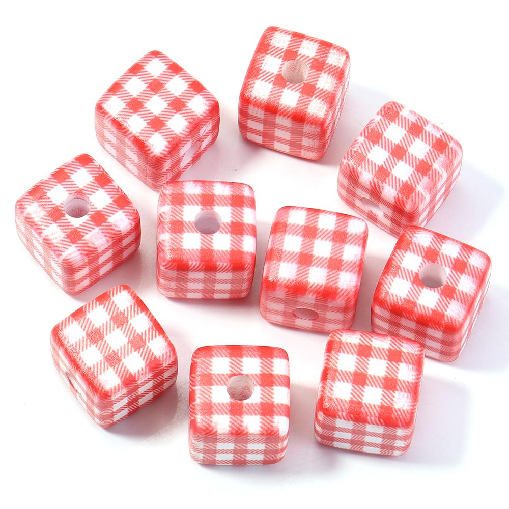 

10pcs 14mm Plaid Acrylic Square Beads Colorful Cube Loose Spacer Bead For Jewelry Making DIY Necklace Bracelet Keychain Supplies червоний