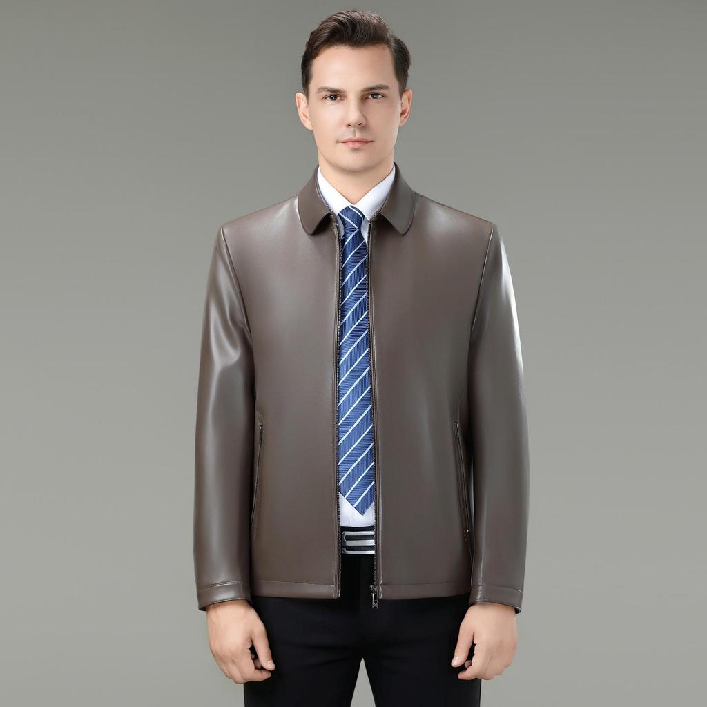 Men's Versatile Sheepskin Leather Jacket: 2025 Spring/Autumn, Middle-Aged Dad Lapel Motorcycle Style
