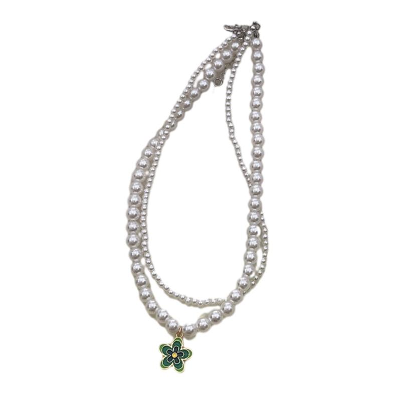 Y2K Style Double Layered-Pearl Clavicle Chain Flower Pendant Choker Necklace Fashion Jewelry Gift Dainty Beaded Necklace