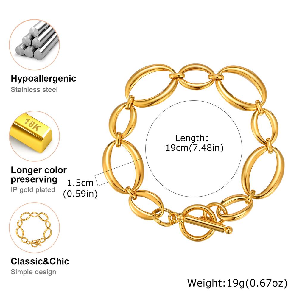 Chunky Stainless Steel Oval Chain Bracelet for Women Girl, 18K Gold Plated OT Buckle Bracelet, Waterproof Jewelry Gift