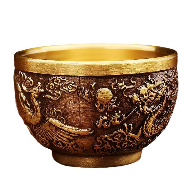 Dragon & Phoenix Brass Copper Teacup: Creative Bronze Metal Wine and Tea Cup