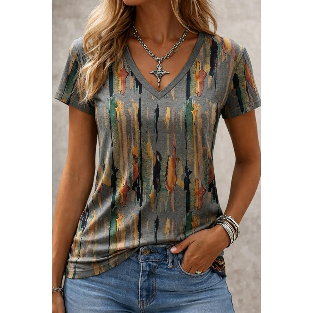 2025 Ethnic Women's T-Shirt Vintage Flower Graphics Fashion Short Sleeved V-Neck Regular