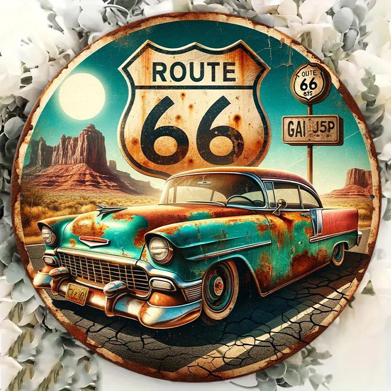 Route HD Metal Tin Sign Retro American Road Trip Poster Design Featuring Vintage Rusty Classic Car Iconic Shield Sign Des 20x20cm(8x8inch)