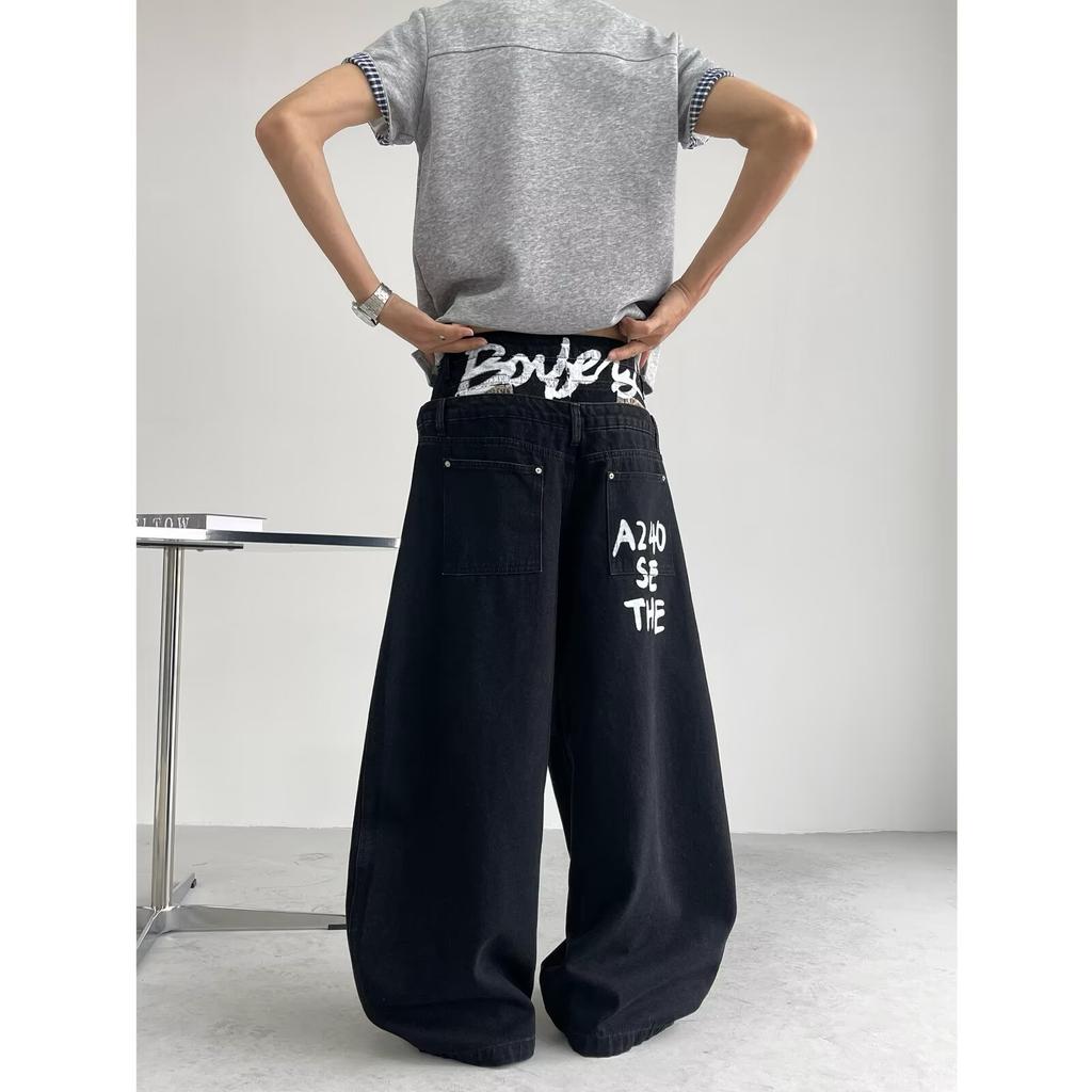 Unisex High Waist Barrel Jeans Loose Fit Streetwear Wide Leg Jeans Vintage American Zip Fly Stretch Denim Trousers