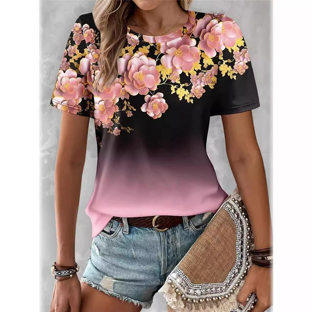 Summer New Flower 3D Printed Casual Round Neck Loose Women's Short Sleeved Top T-shirt