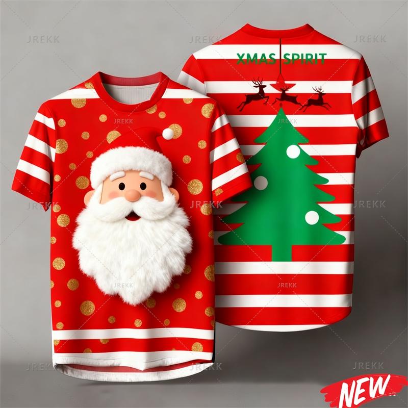 Red Stripes Cartoon Christmas Tshirt Men Women 3d Printing Merry Christmas Tee Shirts Tops 2026 New Year Short Sleeve T-shirt