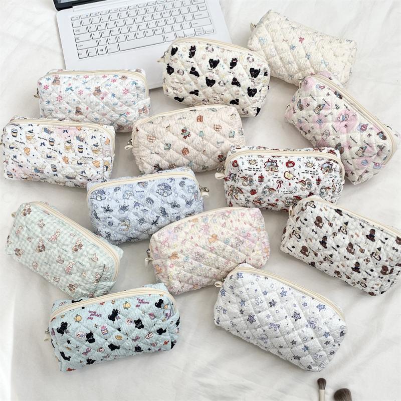 Cute Cartoon Women's Cosmetic Bag College Girls Stationery Pencil Case Handbags Quilted Cotton Ladies Makeup Storage Bags Purse