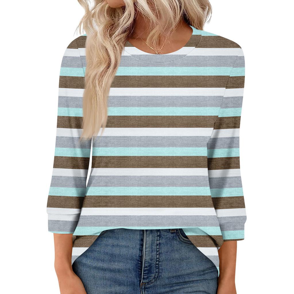 Women's Fashion Casual Seven Sleeve T-Shirt Print Round Neck Top
