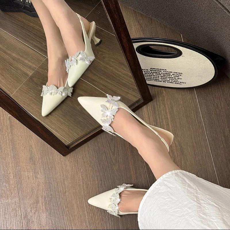 Rhinestone Sandals High Heels Female Shoe Large Size High-heeled Girls Pointed Closed Big Comfort Retro Stiletto Scandals Back S