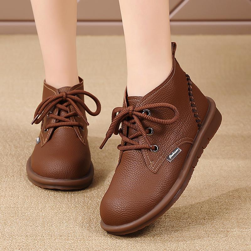 Women’s Classic Oxfords Boots Flats Black Leather Student Booties for Girl Motorcycle Ankle Boots Winter Boots