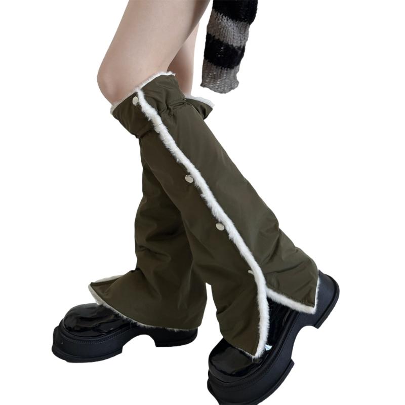 Women's Slouchy Leg Warmers with Side Split Buttons Solid Color Fleece Lined Drawstring Leg Covers Footless Long Socks