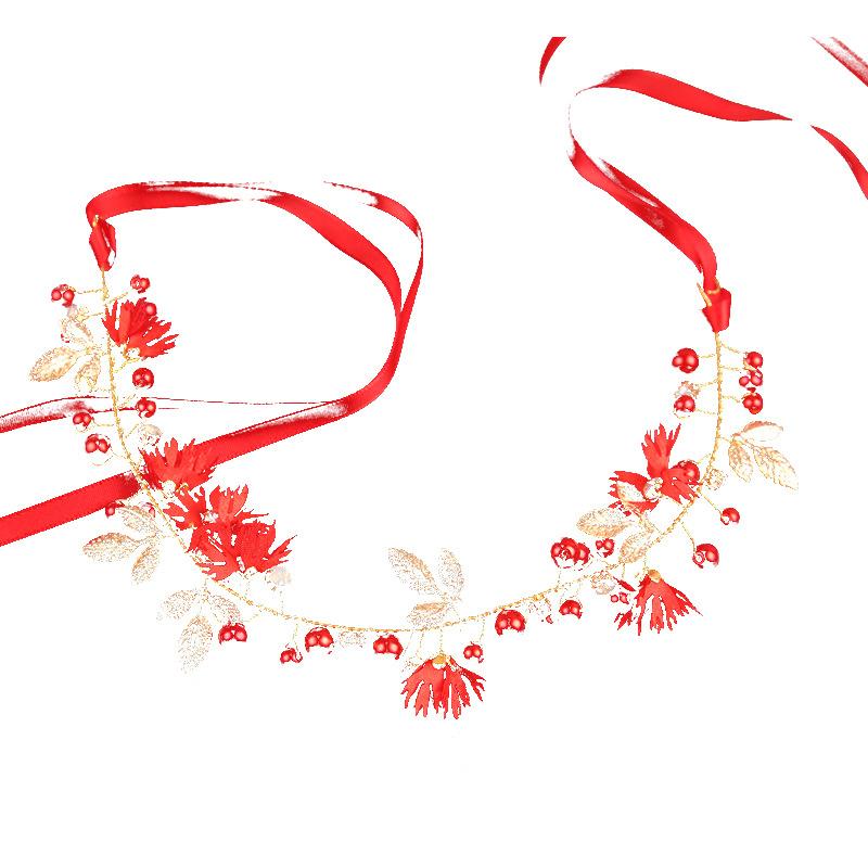 Gold Leaf Daisy Flower Headband Bridal Pearl Tiaras Hair Jewelry Ribbon Wreath