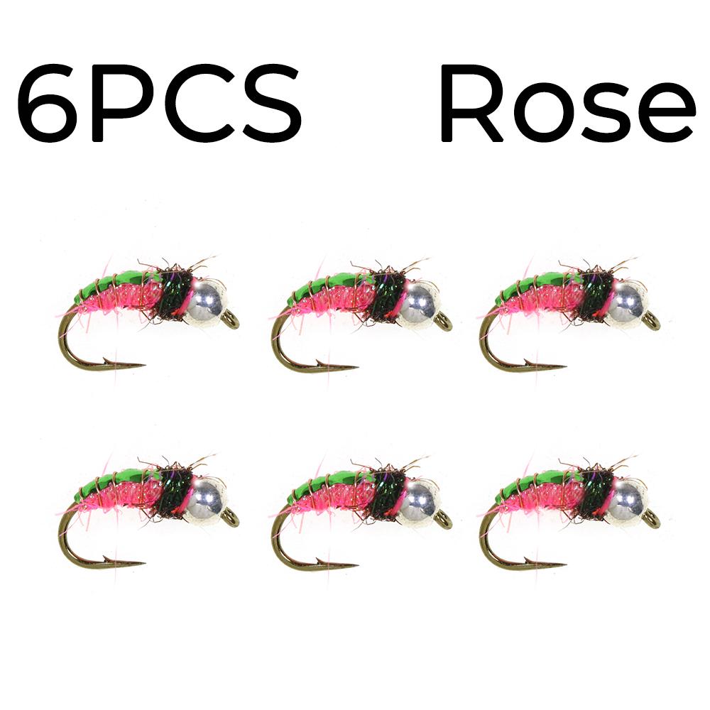 6PCS Bead Head Ice Silk Nymph Fly Fishing Lure, Sharp High Carbon Hook Sinking Bait for Trout Minnow Panfish