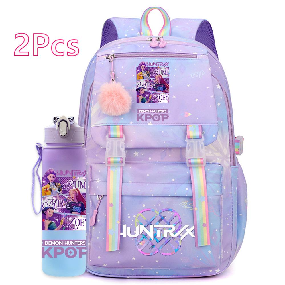 2 st/set Söt Anime Kpop Tryckt Ryggsäck 750 ml Vattenflaska Stor Kapacitet Resväska för Tonårsflicka Pojke Bokväska Barnpresent Rucksak